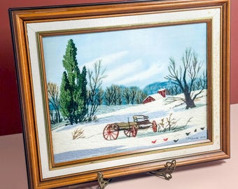 Vintage 1970s Crewel Needlepainting, Framed Winter Landscape, Red Barn & Wagon, Rustic Americana Folk Art Wall Decor