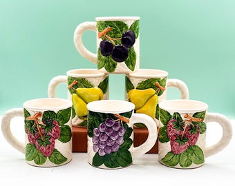 Vintage 1980s Fruit Mugs - Made in England Cottagecore Set of 6