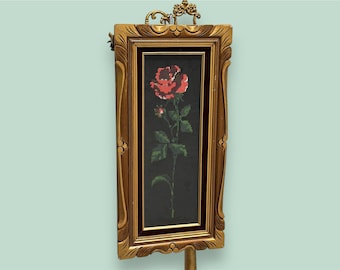 Vintage 1970s Rose Needlepoint in Wood Ornate Frames with Glass, Red Velvet Framed Lining, Dark Acaemia Gothic Wall Art, Gothic Wall Hanging