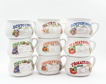 Vintage Lot of Assorted Soup Recipe Mug Cups Ceramic Stoneware, Oxtail, Chicken Soup, Tomato Soup, Scotch Broth, Onion Soup