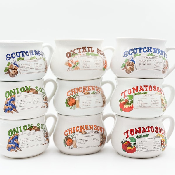 Lot de tasses assorties de recettes de soupe en grès céramique, queue de bœuf, soupe au poulet, soupe aux tomates, bouillon écossais, soupe à l'oignon