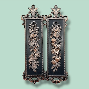 Vintage 1970s Coppercraft Guild Syroco Copper Look Wall Plaques, Copper Toned Detailing On Black, Raised Fruit & Flowers With Leaves