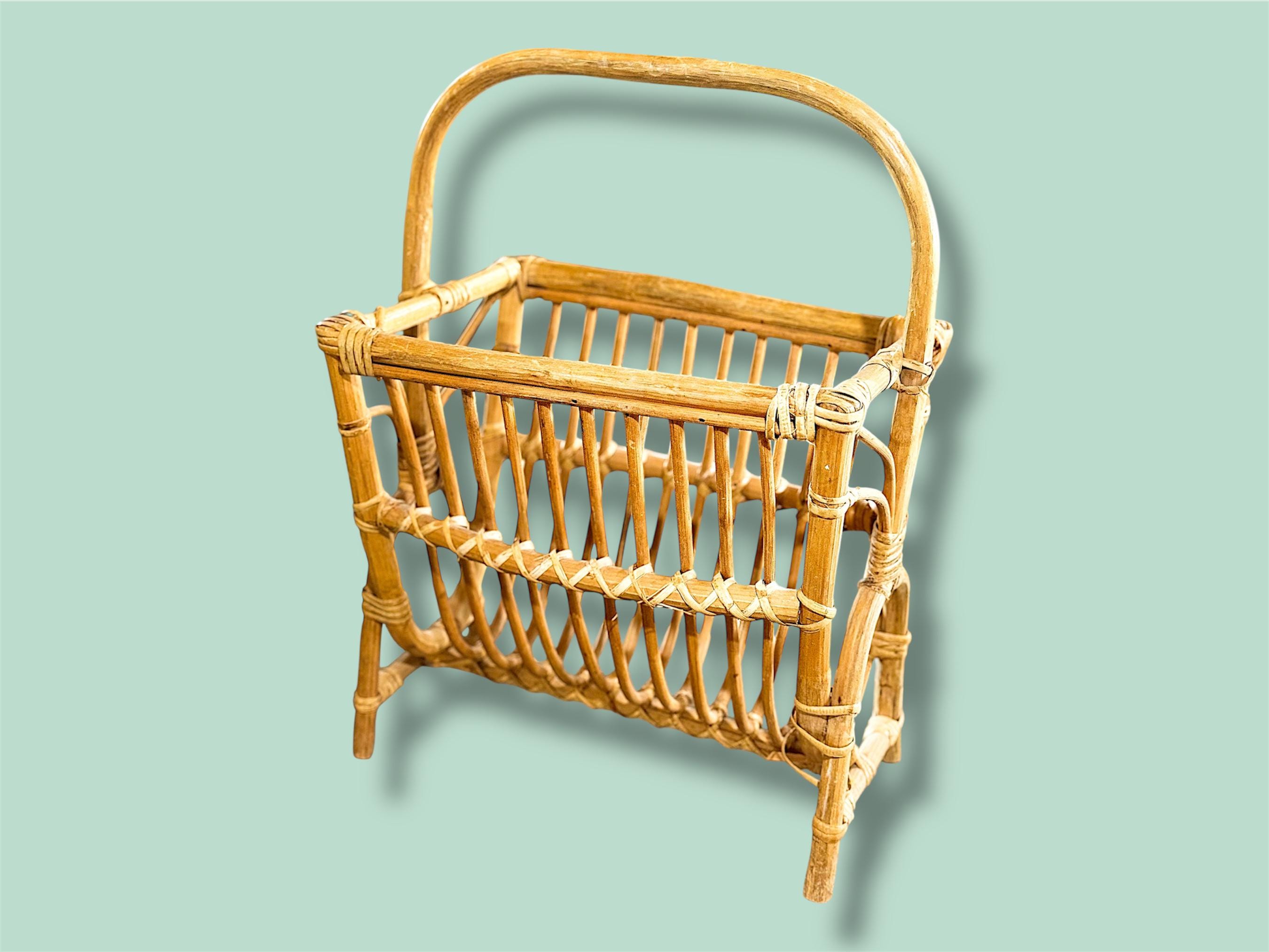 ヴィンテージ籐製マガジンラック、レトロなホームデコレーション