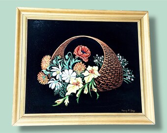 Vintage Black Velvet Still Life Painting Roses in Vases Pink Red