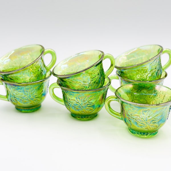 Vintage Set of (7) 1970s Carnival Glass Punch Cups Grapes & Leaves Pattern Iridescent Green