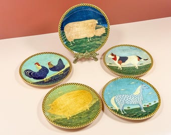 Vintage Lenox Warren Kimble Plates 1994, Barnyard Animals Limited Edition, Country Farmhouse Kitchen Folk Art Wall Decor, Cottage Core