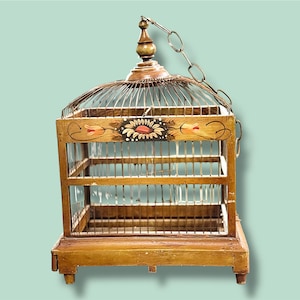 Vintage Hand Painted Bird Cage, Birdcage, Wooden Metal Bird Cage, Home Prop, Display Decor, Antique Inspired Home Decor, Bird Lover Gift