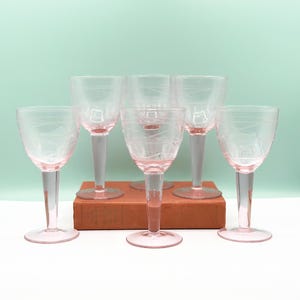 Vintage Set of 6 IKEA Pralin Pink Etched Wine Glasses, Vintage Barware, Vintage Glassware, Pink Glassware