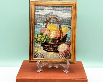 Vintage Framed Needlepoint Art: Still Life Fruit Basket, Cottagecore Decor