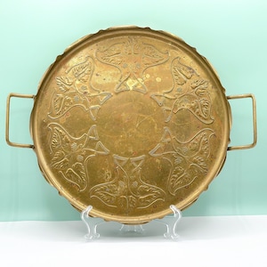 Vintage Solid Brass Large Tray, Coffee Table Tray, Decorative Tray With Handles with Flower Detail