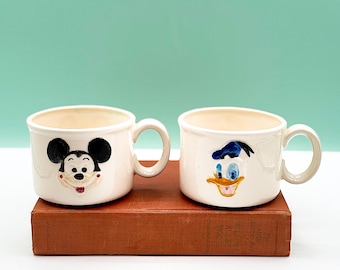 Vintage 1977 Disney Handpainted Ceramic Mugs, Mickey and Donald Duck, Simmons Creations