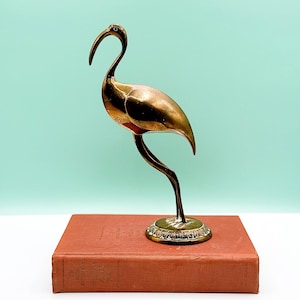 Vintage Solid Brass MCM Crane Figurine, Brass Bird, Bird Decor, Bookshelf Decor, Mid Century, Unpolished with Patina