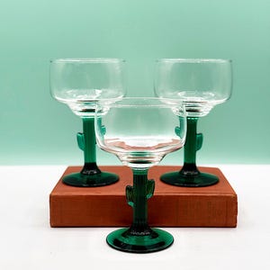 Vintage Set of 3 Libbey Margarita Glasses Green Saguaro Cactus Stem Base Libbey Glasses, Unique Glassware, Summer Glassware, Vintage Summer