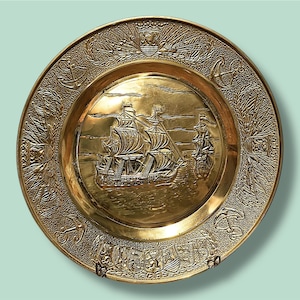 Vintage Hammered Brass Sailing Ship Wall Plaque: Nautical Pub Decor