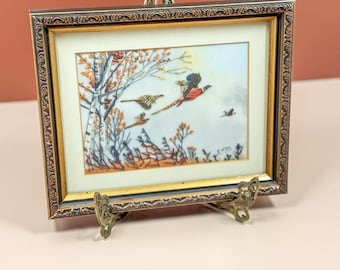 Vintage 1980s Needlepoint, Fall Spring Duck Landscape, Hand-Embroidered Petit Point Art, Cottage Core