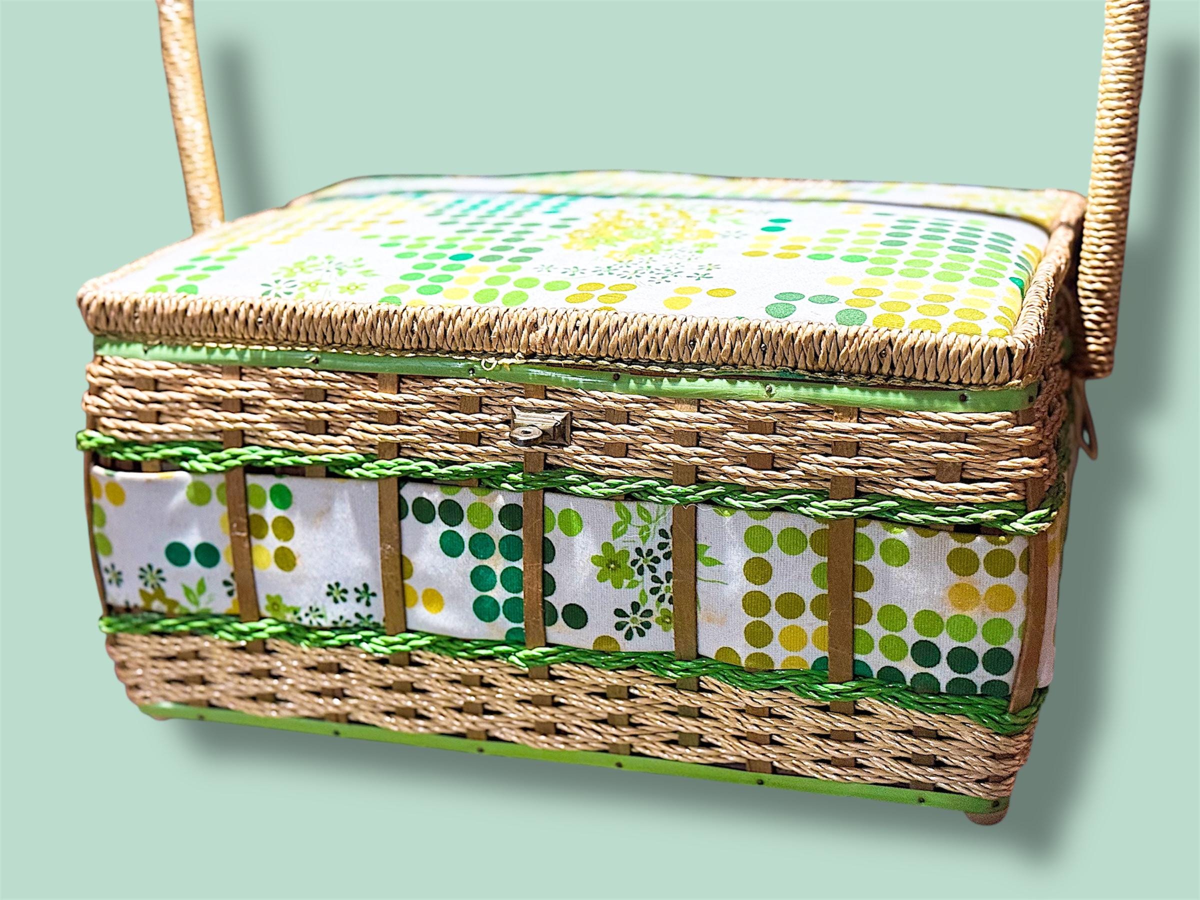Vintage Green Polka Dot Sewing Basket: 1970s Retro Wicker Storage