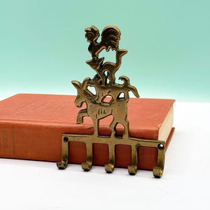 Vintage Brass Wall Hook, Decorative Hanger with Cottage Core Farm Animal Design