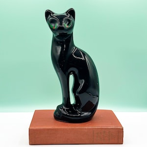 Vintage Mid Century schwarze Katzenstatue mit grünen Augen, Statuette Figur, Keramik Keramik, Hochglanz, Katzenliebhaber Geschenk, Katzendekor