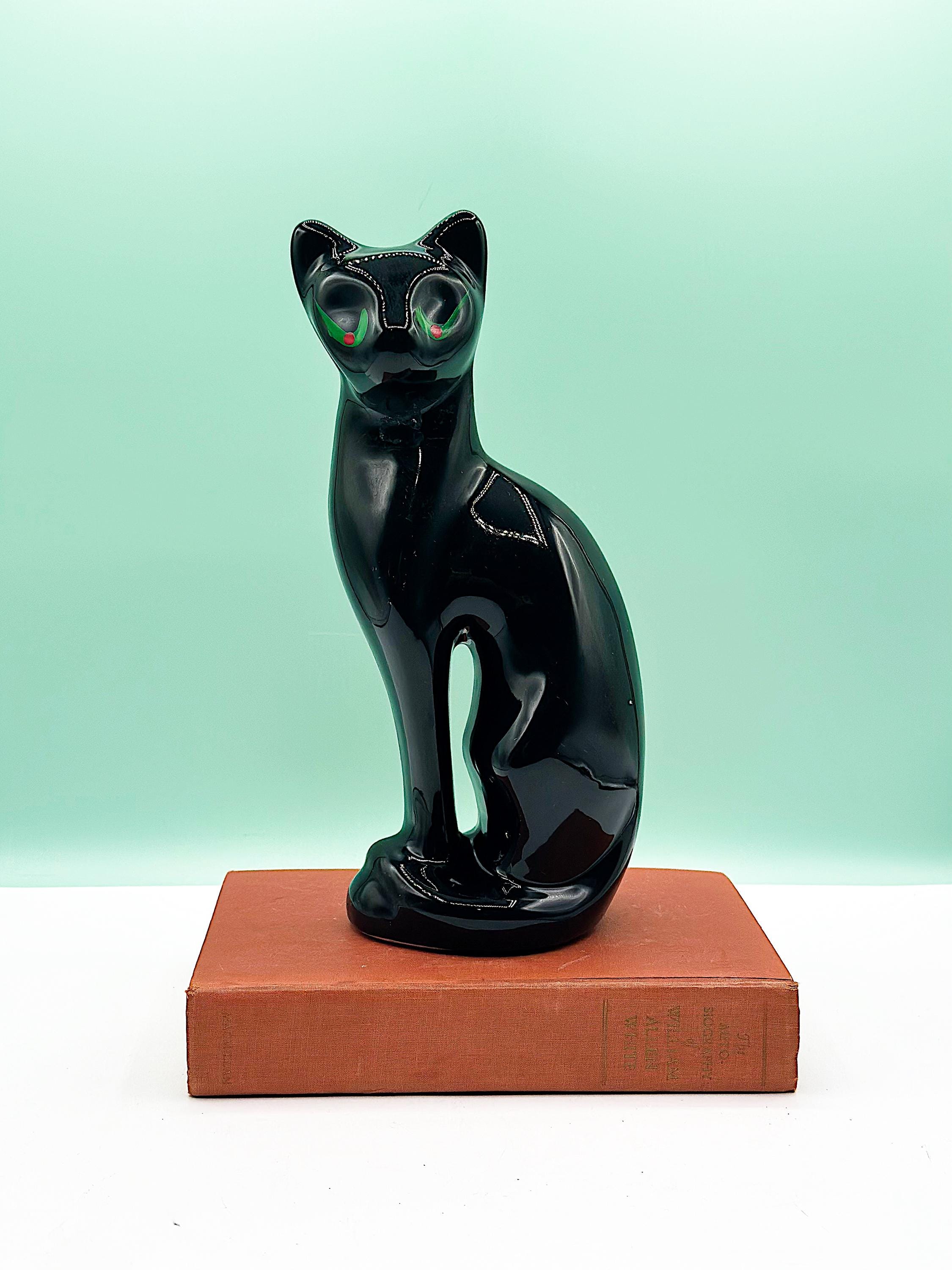 Vintage Mid Century Black Cat Statue With Green Eyes