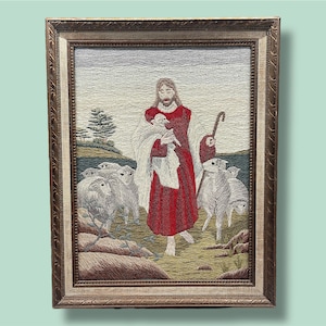 Vintage Cross Stitch Jesus the Good Shepherd in Wood Frame, Religious Wall Decor, Vintage Tapestry