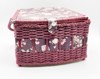 Vintage Woven Wicker & Wood Sewing Storage Basket Box with Hinged Floral Top and Handle, Satin Interior, Cottage Core Farmhouse