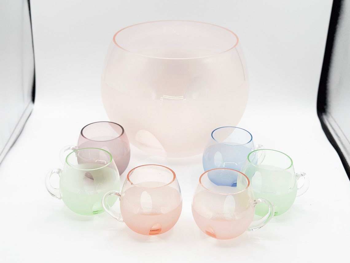 Vintage Mid Century Frosted Glass Punch Bowl Set With 6 Cups, Pastel