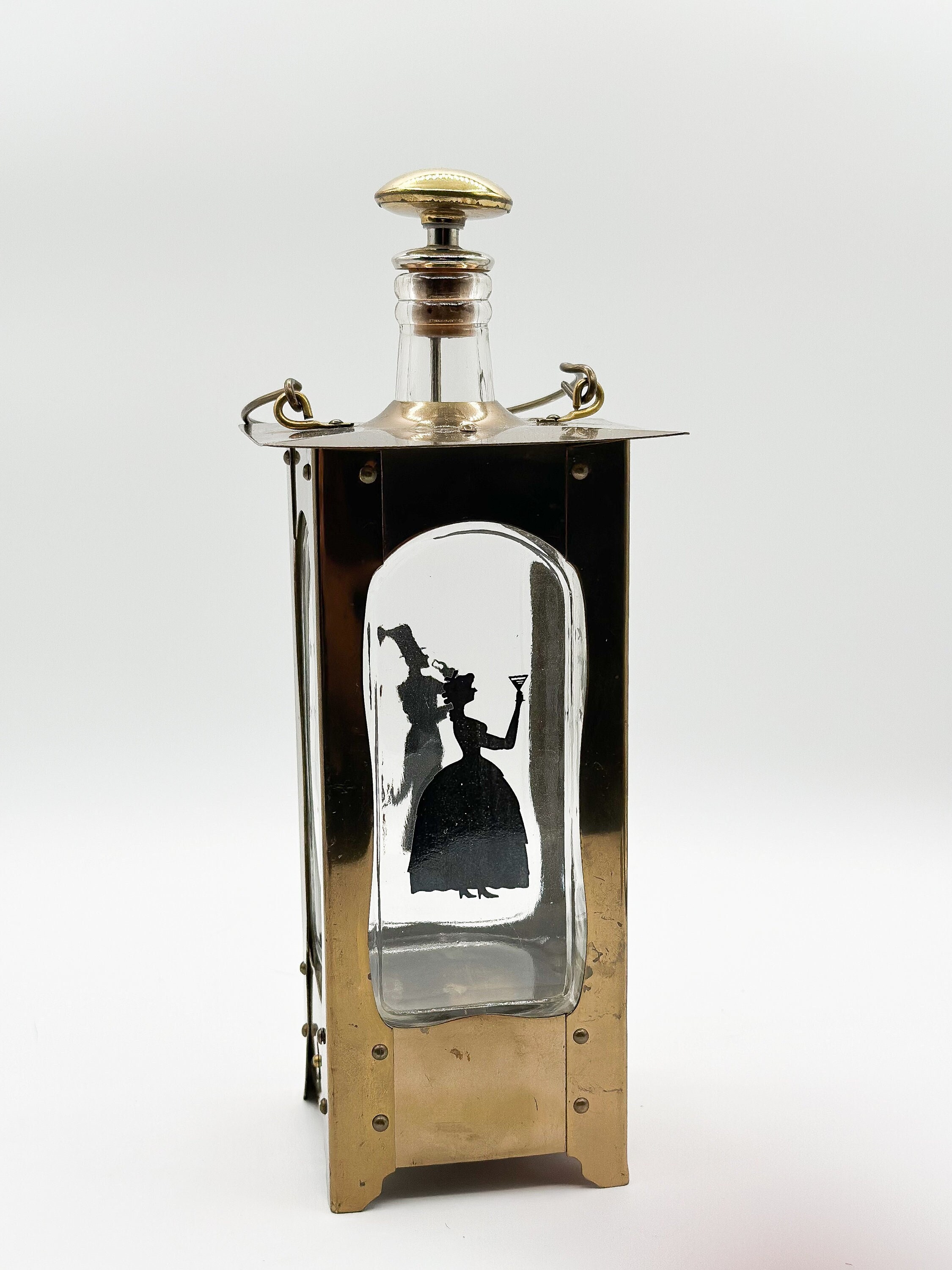 Vintage Decanter Brass Glass Liquor Bottle Music Box how Dry I Am Musical Decanter Collectible