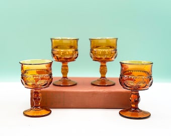 Vintage Amber Indiana Glass Goblets: Kings Crown Thumbprint, Set of 4