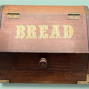 Vintage 1970s Wooden Bread Box, Rustic Country Kitchen, Brass and Wooden Box