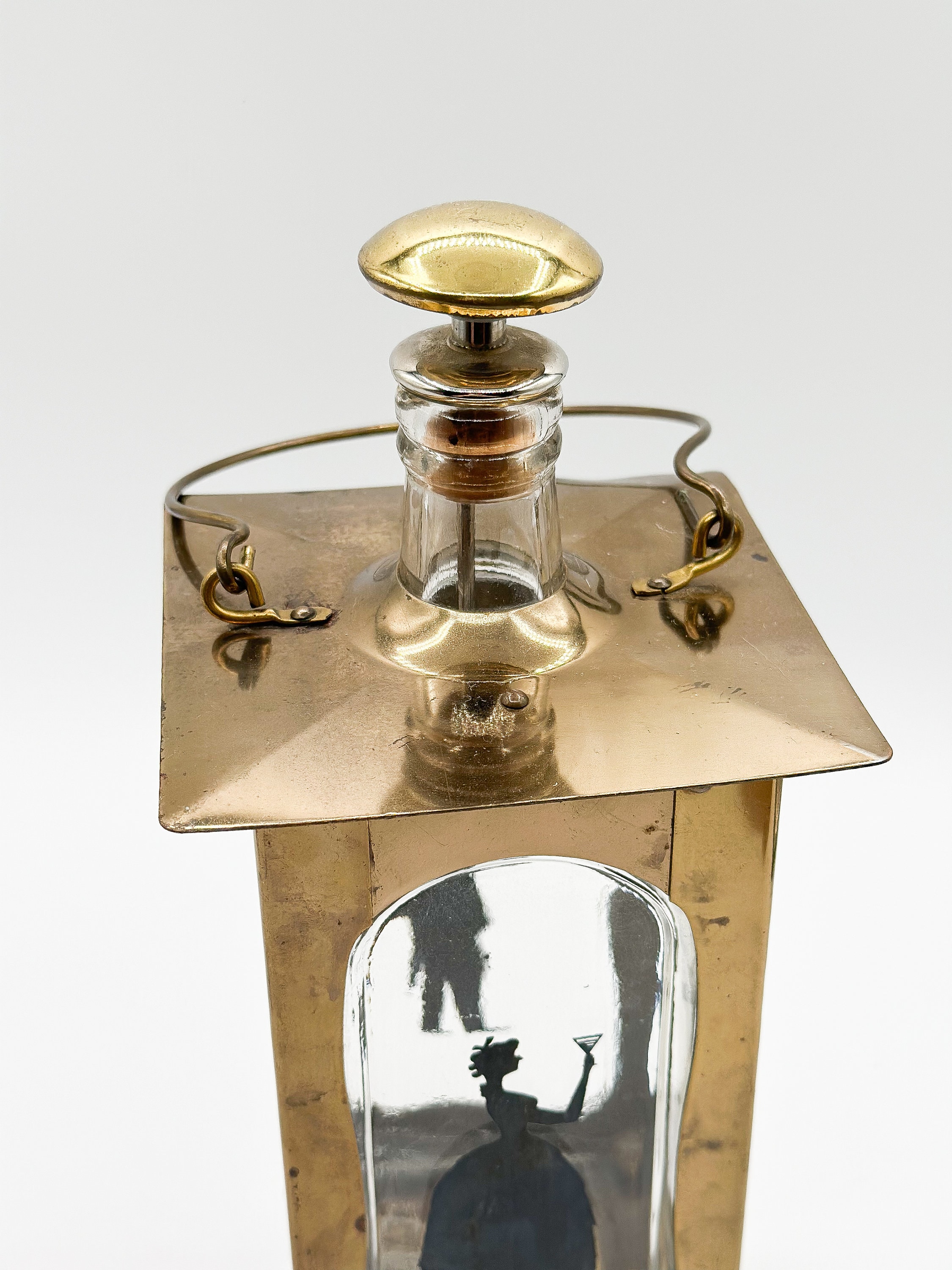 Vintage Decanter Brass Glass Liquor Bottle Music Box how Dry I Am Musical Decanter Collectible