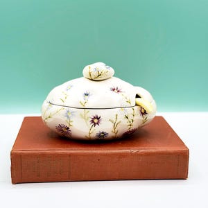 May include: A white ceramic sugar bowl with a lid and a small spoon, decorated with delicate blue and purple floral patterns. The bowl is placed on a vintage, brown book with gold lettering. The background is a solid teal color.