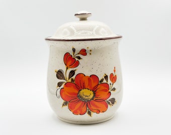 Vintage 1970s Valencia Stoneware Speckled 7.5" Canister with Orange Flowers, Made in Japan