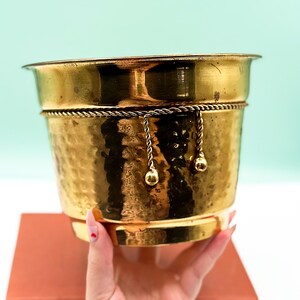 May include: A hammered brass planter with a gold finish. The planter has a rope detail around the middle and two gold ball accents. The planter is sitting on a brown book against a light blue background.