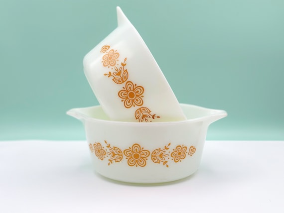 Vintage 70s Pyrex Casserole Dish Set: Butterfly Gold Flower Milk Glass