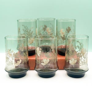 Vintage Set of 6 Libbey Glassware Floral Design, Glass Tumblers 14 oz Retro Brown Smokey Glass