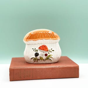 Vintage 1970er Jahre Merry Mushroom Laurentian Keramik Servietten- oder Briefhalter, Retro Schreibtisch Organizer