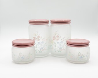 Vintage Set of 4 Frosted Ocean Glass Pink Floral Jar Set | Coquette Cute Decor for Vanity