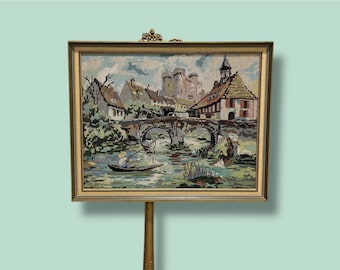 Vintage Needlepoint of the Countryside in the Netherlands, Framed, Needlework Embroidery, Wooden Frame, Cottage Core Scene