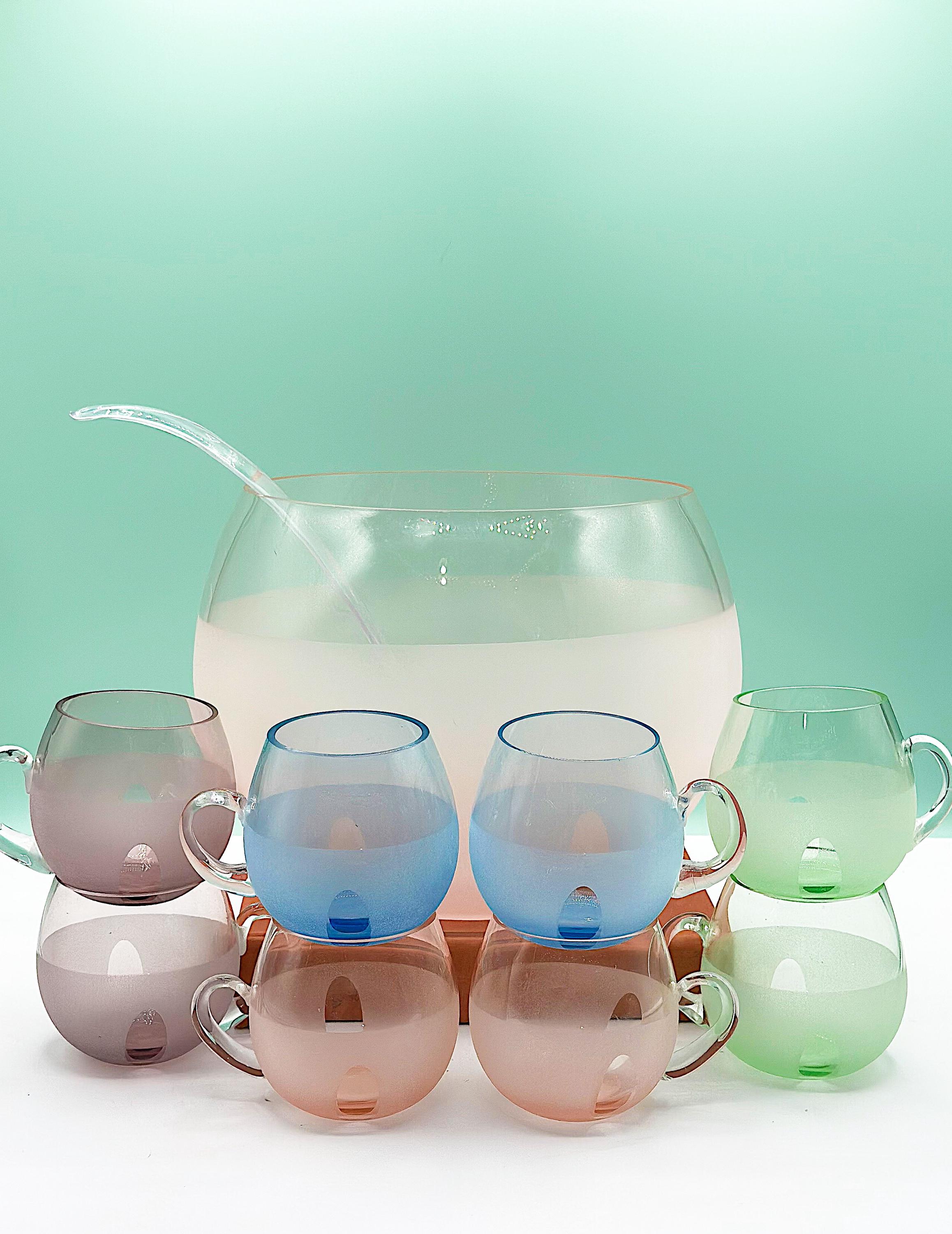 Conjunto de tigelas de ponche de vidro fosco pastel vintage: louças