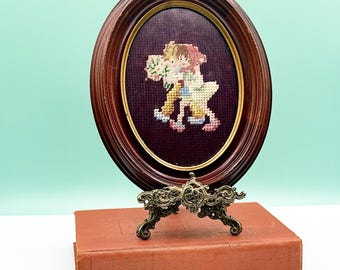 Broderie Crewel Vintage Encadrée - Bucilla 'Gardener's Delight' - Années 70