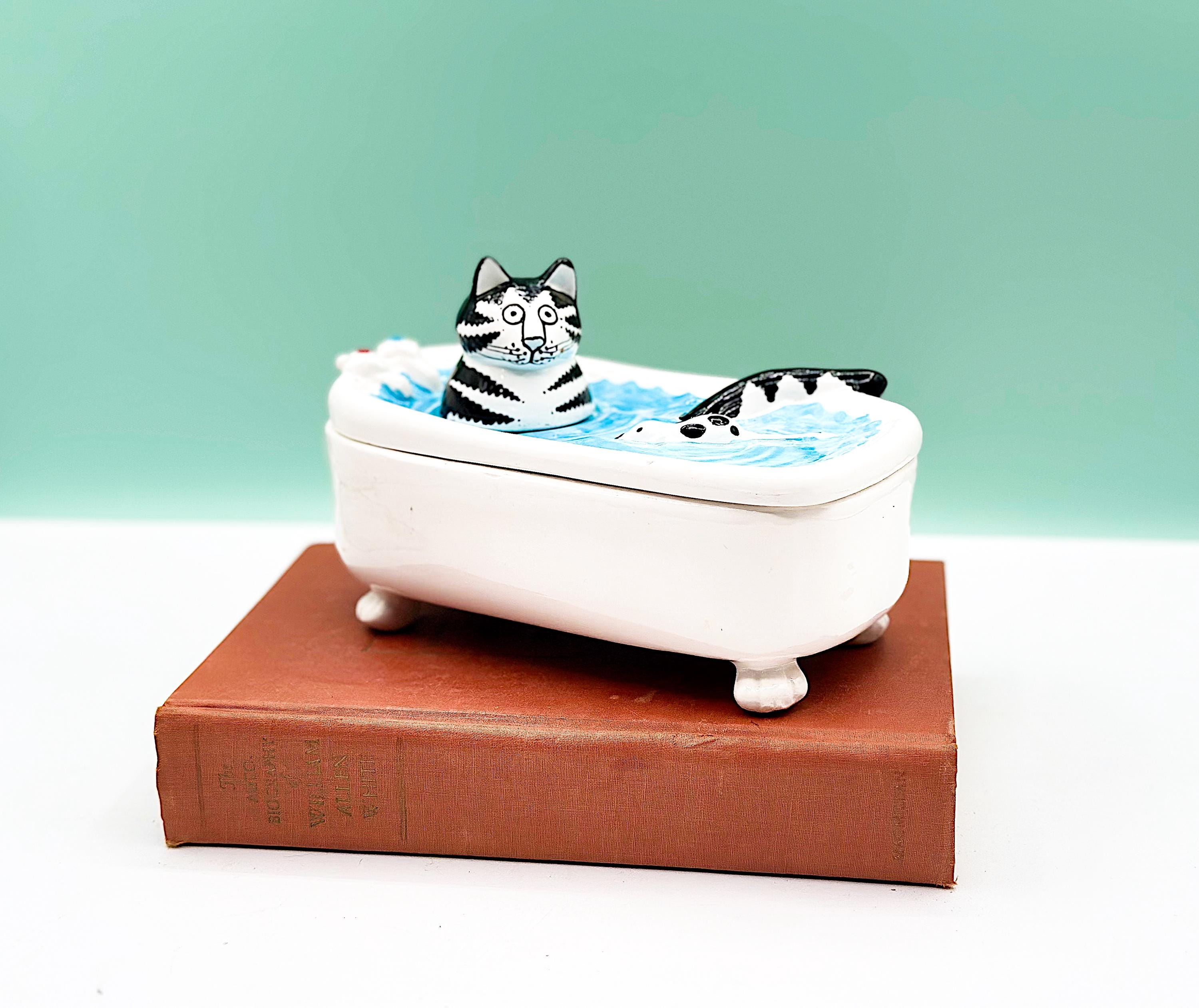 Vintage B Kliban Cat in Bathtub Trinket Box, Vintage Ceramic