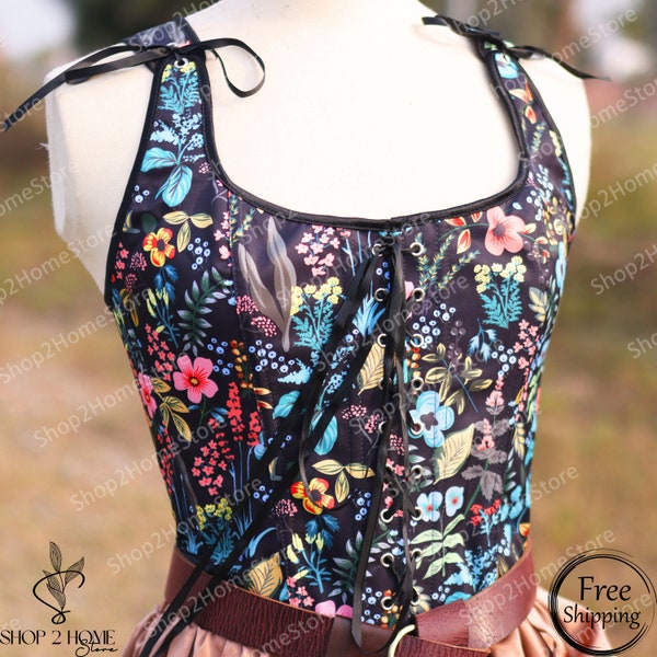 Elegant Milkmaid Overbust Corset, Medieval Lace-Up Fairy Corset, Floral Plus Size Renaissance Corset, Unique Casual Crop Tank Top for Women