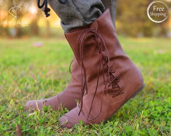 PU Leather Pirate Larp Boots, Renaissance Viking Goth Boots, Ren Faire Medieval Brown Boots, Steampunk Vintage Style Shoes for Mens & Womens