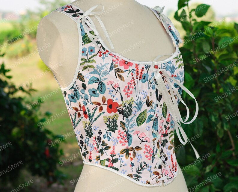 VTG 90s 'ISHWAR' RED GREEN GINGHAM FLORAL EMBROIDERED MILKMAID CORSET TOP S