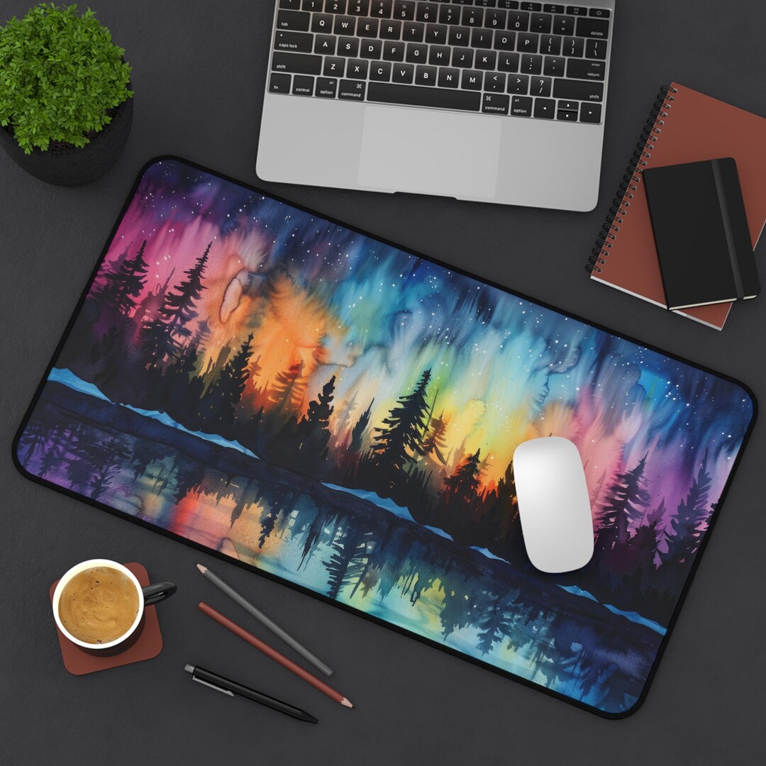 Aurora Forest Reflection Desk Mat, Northern Lights Woodland Mousepad ...