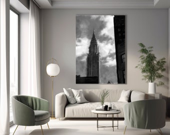 Arte de la pared de Nueva York, cartel de arquitectura en blanco y negro, arte imprimible de Nueva York, decoración del hogar dibujada a mano, cartel imprimible de Nueva York, Chrysler