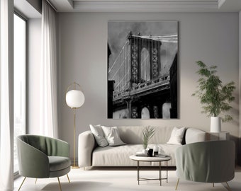 Arte de la pared de Nueva York, cartel de arquitectura en blanco y negro, arte imprimible de Nueva York, decoración del hogar dibujada a mano, cartel imprimible de Nueva York, arte Dumbo
