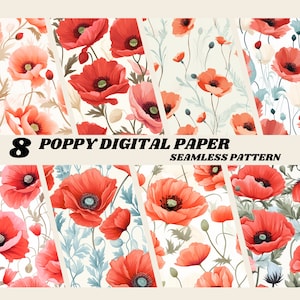 Clipart papier numérique, papier peint imprimable, impression de coquelicots, galerie numérique de coquelicots, décoration de chambre d'enfant, fabrication de cartes, scrapbooking