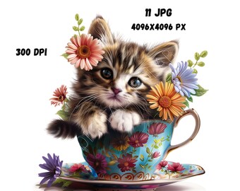 Kitten in Teacup Clipart, Lovely Kitten in Teacup, Animal Prints, Digital ClipArt, Cat Clipart, Nursery Art, Cat Illustration Bundle.