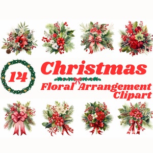 May include: A set of 14 digital clipart images featuring watercolour illustrations of Christmas floral arrangements. The arrangements include red berries, pine branches, poinsettias, and red bows.